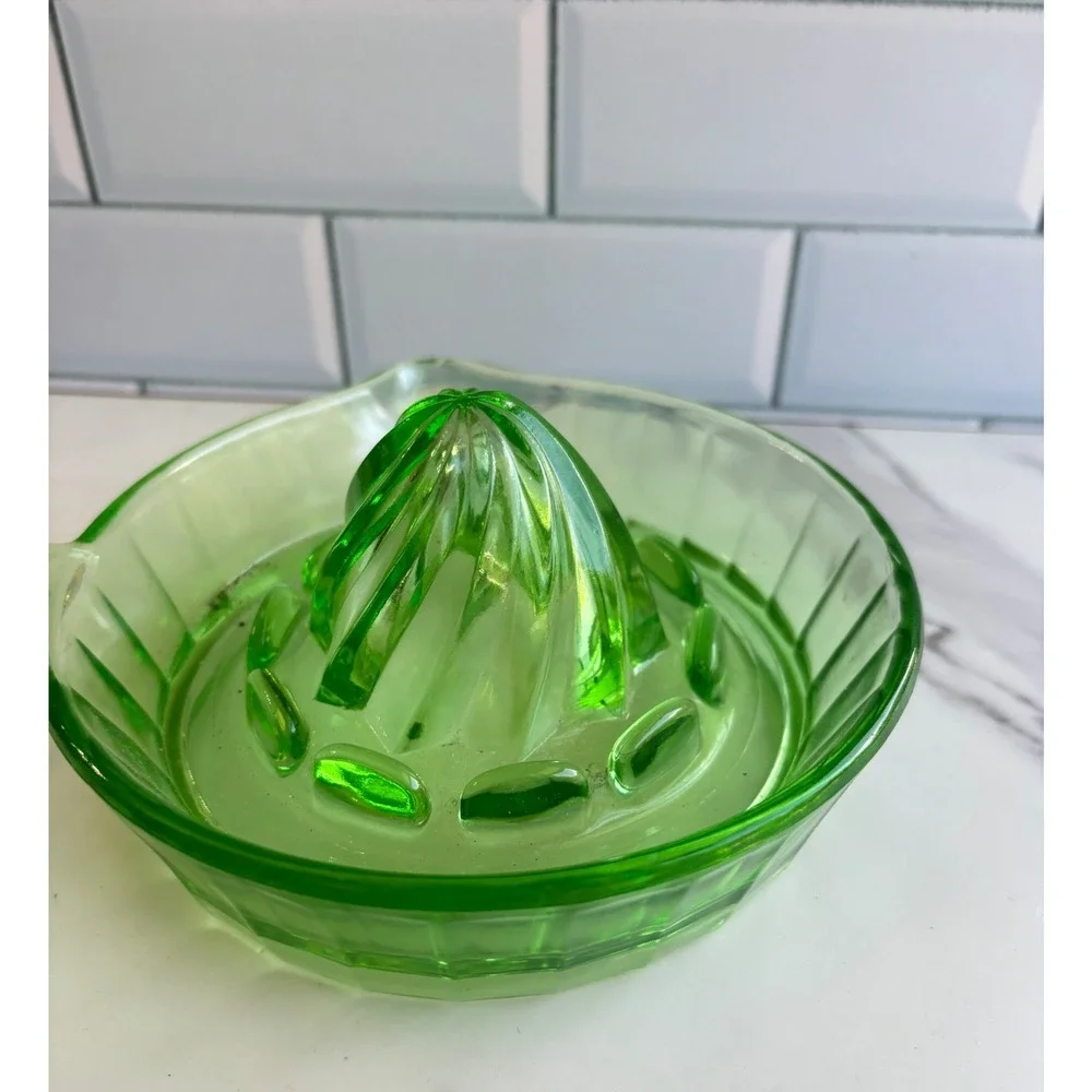 Vintage Green Uranium Glass GLOWS Citrus Juicer Reamer Pour Spout and Handle
